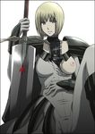  armor blonde_hair blood breast_slip breasts clare_(claymore) claymore claymore_(sword) gloves kitahara_aki large_breasts nipples no_bra one_breast_out scratches short_hair silver_eyes solo sword torn_clothes weapon 