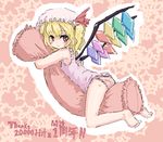  barefoot blonde_hair blush bonnet feet flandre_scarlet flat_chest frilled_pillow frills hits homura_subaru oekaki one_side_up panties pillow pillow_hug red_eyes solo striped striped_panties touhou underwear wings 