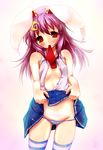  animal_ears bunny_ears groin long_hair mouth_hold open_clothes open_shirt panties purple_hair red_eyes reisen_udongein_inaba scarlet_(studioscr) shirt skirt skirt_lift solo striped striped_legwear striped_panties thighhighs touhou underwear 