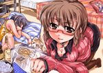  alcohol breasts cigarette cleavage copyright_request dog drunk glasses medium_breasts multiple_girls pantyhose pillow short_hair sleeping zin_arima 