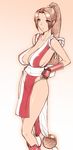  adjusting_clothes adjusting_panties breasts brown_eyes brown_hair cleavage fatal_fury fingerless_gloves gloves large_breasts long_hair panties pelvic_curtain ponytail revealing_clothes sagging_breasts shiranui_mai solo st.germain-sal standing the_king_of_fighters underwear 