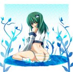  bare_shoulders butt_crack detached_sleeves green_hair kochiya_sanae looking_back lowres masa_(miyabitei) no_pants panties sitting solo striped striped_panties touhou underwear wariza yellow_eyes 