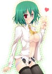  ascot bad_id bad_pixiv_id blush breasts cleavage garter_belt green_hair heart highres kazami_yuuka kirise_mitsuru large_breasts lingerie navel open_clothes open_shirt red_eyes shirt short_hair solo thighhighs touhou underwear v 