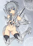  armor bad_id bad_pixiv_id blue_eyes blush breasts copyright_request daive earrings gauntlets greaves highres jewelry maebari medium_breasts revealing_clothes short_hair silver_hair solo thighhighs underboob 