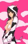  animal_costume animal_ears animal_print areolae bad_id bad_pixiv_id breasts brown_eyes brown_hair covered_nipples cow_costume cow_ears cow_horns cow_print cow_tail hood hoodie horns large_breasts open_clothes original pasties see-through short_hair solo tail yuuji_(and) 