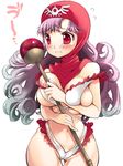  bad_id bad_pixiv_id blush breasts dragon_quest dragon_quest_ii hood kotoji large_breasts long_hair nipple_slip nipples princess_of_moonbrook purple_hair red_eyes slingshot_swimsuit solo staff swimsuit tears wide_hips 