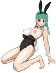  animal_ears barefoot blush breasts bulma bunny_ears bunny_tail cuffs dragon_ball dragonball flying_tree_frog green_hair large_breasts tail 