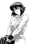  belt breast_squeeze breasts cleavage ghost_in_the_shell ghost_in_the_shell_stand_alone_complex gloves greyscale gun highleg highleg_leotard kusanagi_motoko large_breasts leotard monochrome muscle short_hair solo ueyama_michirou weapon 
