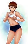  bare_shoulders brown_eyes brown_hair copyright_request matoyama navel shirt_lift short_hair solo standing tan 