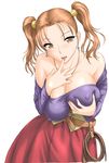  bare_shoulders breast_lift breasts brown_eyes covered_nipples dragon_quest dragon_quest_viii dress earrings huge_breasts jessica_albert jewelry no_bra orange_hair purple_shirt shirt solo st.germain-sal strapless strapless_dress twintails 