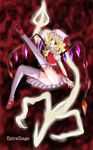  blonde_hair crystal endou_yuusuke flandre_scarlet hat leg_up looking_at_viewer mob_cap one_side_up puffy_short_sleeves puffy_sleeves red_eyes short_sleeves sitting solo thighhighs thighs touhou wrist_cuffs 