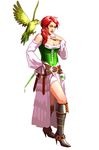  bare_shoulders belt bird boots braid breasts cleavage corset dagger dress green green_eyes high_heels kongai medium_breasts multiple_belts parrot pirate red_hair sheath sheathed shoes single_braid solo weapon 