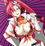  belt breasts bursting_breasts cape glasses gloves hair_ornament konkitto large_breasts long_hair midriff nipple_slip nipples ponytail red_hair shirt shorts solo space_yoko tengen_toppa_gurren_lagann tied_shirt yellow_eyes yoko_littner 