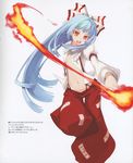  bangs blue_hair colored_eyelashes eyelashes fire flat_chest fujiwara_no_mokou hair_ribbon highres leg_lift long_hair lowleg lowleg_pants midriff navel no_bra no_panties non-web_source open_clothes open_mouth open_shirt pants ribbon scan shingo_(missing_link) shirt solo suspenders touhou 