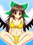  bad_id bad_pixiv_id bikini breasts brown_hair cameltoe covered_nipples kazumasa_(knmr0655) long_hair medium_breasts red_eyes reiuji_utsuho ribbon solo spread_legs swimsuit touhou wings 