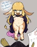  anthro bovid bovine bulge cattle chango-tan clothing cub dialogue female first_person_view flashing hi_res looking_up male male/female mammal melanie_cow nipples presenting pussy size_difference smile teacher/student young 