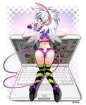  android animal_ears ass bad_id bad_pixiv_id bunny_ears computer ibook laptop original red_eyes solo teruchan thighhighs white_hair wings 