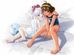  :p ahoge arm_support ass ball bandaid bandaid_on_knee bangs bare_shoulders barefoot beachball between_legs blue_swimsuit blush_stickers bow breasts brown_eyes brown_hair feet full_body hair_bow hairband hand_between_legs hoshino_ruri jpeg_artifacts kidou_senkan_nadesico legs looking_at_viewer looking_back lying multiple_girls on_side one-piece_swimsuit parted_bangs school_swimsuit shadow shiratori_yukina short_hair short_twintails sidelocks sitting small_breasts soles strap_slip swimsuit tan tanline tile_floor tiles toes tongue tongue_out twintails v_arms watanabe_akio white_hair white_school_swimsuit white_swimsuit yellow_eyes 