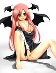  barefoot bat_wings bottomless breasts covering covering_crotch embarrassed feet head_wings koakuma legs long_hair medium_breasts miki_purasu nipples no_bra no_panties pussy red_eyes red_hair sitting solo spread_legs touhou wings 