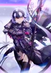  1girl armor armored_dress bangs banner black_capelet black_dress black_legwear breasts capelet chains dress fate/grand_order fate_(series) flag fur_collar gauntlets hand_up headpiece holding holding_flag jeanne_d&#039;arc_(alter)_(fate) jeanne_d&#039;arc_(fate)_(all) large_breasts lavender_hair orange_eyes shiimo short_hair smile solo thigh_gap thighhighs thighs torn_clothes 