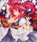  bad_id bad_pixiv_id breasts covered_nipples fang flower hair_bobbles hair_ornament highres large_breasts one_eye_closed onozuka_komachi red_eyes red_hair scythe shikishi solo spider_lily touhou traditional_media two_side_up yukitsuki_kokoro 