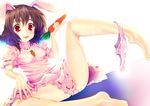  animal_ears bad_feet barefoot black_hair bunny bunny_ears carrot feet hands inaba_tewi panties panties_around_one_leg red_eyes short_hair solo teruru touhou underwear wallpaper 