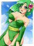  bare_shoulders blush breast_lift breasts cleavage covered_nipples detached_sleeves final_fantasy final_fantasy_iv green_eyes green_hair green_leotard hair_ornament konpeto large_breasts leotard long_hair naughty_face older open_mouth rydia smile solo sweat thighhighs 