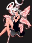  1girl angel_wings bare_arms bare_legs bare_shoulders barefoot between_legs black_dress collarbone dress feathered_wings goichi hair_intakes halo head_tilt highres holding holding_staff horns iseria_queen long_hair looking_at_viewer multiple_wings pink_wings solo staff straight_hair strap_slip valkyrie_profile white_eyes white_hair wings 