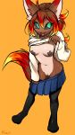  2018 ahoge animal_humanoid anthro black_sclera breasts brown_fur brown_hair button_(disambiguation) canid canine canis caradhina clothed clothing digital_media_(artwork) ear_tuft female fire fluffy_ears fur green_eyes grin hair hi_res humanoid kittell_(artist) legwear looking_at_viewer mammal messy_hair pasties paws pose simple_background skirt small_breasts smile solo stockings striptease sweater thick_thighs tuft undressing wide_hips wolf 