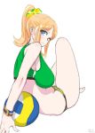  1girl bangs bare_shoulders barefoot blonde_hair blue_eyes breasts hajimanabu harukana_receive long_hair looking_at_viewer parted_bangs ponytail simple_background sitting sleeveless solo thomas_claire volleyball white_background 