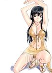  armpits arms_up black_hair breasts brown_eyes cleavage hair_down highres jewelry large_breasts long_hair matsuoka_chie necklace polorinken sandals sentimental_graffiti solo 