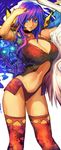  armband blue_eyes breasts choker cleavage contrapposto dizzy glowing glowing_eyes guilty_gear large_breasts midriff oda_non purple_hair red_legwear skull solo standing thighhighs 