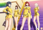  4girls agent_aika aika_(series) anak-ng-tinapay artist_logo artist_name bangs bianca_(agent_aika) black_eyes blue_hair bobby_socks breasts brown_eyes brown_hair cleavage cleavage_cutout closed_mouth commentary_request covered_navel delmogeny_uniform dress earrings expressionless golden_delmo hair_intakes hand_on_hip high_heels indoors jewelry juliet_sleeves large_breasts lipstick long_hair long_sleeves looking_at_viewer makeup medium_breasts multiple_girls panties pantyshot pantyshot_(standing) parted_bangs petoriyacowa_rie pink_lips puffy_sleeves red_hair sania_(agent_aika) short_hair silver_hair small_breasts smile socks stairs standing taut_clothes thighs tonia underwear uniform white_legwear white_panties yellow_dress yellow_footwear 