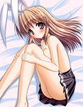  animal_ears barefoot blush breast_press breasts brown_eyes brown_hair bunny_ears fetal_position fortune_arterial long_hair lying medium_breasts minase_kyou no_panties skirt solo topless yuuki_haruna 