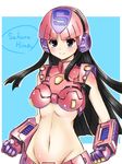  android armor bad_id bad_pixiv_id bikini_armor black_hair blue_eyes blush breasts gloves helmet highres long_hair looking_at_viewer medium_breasts midriff navel paopao plawres_sanshirou sakurahime shiny shiny_skin smile solo 