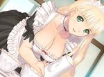  blonde_hair breasts choker clalaclan_philias cleavage cup dutch_angle frills green_eyes large_breasts leaning_forward long_hair maid shining_(series) shining_wind smile solo tanaka_takayuki teacup teapot very_long_hair 