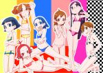  6+girls bandeau bikini blue_eyes blue_hair blush_stickers braid brown_eyes brown_hair checkered commentary fang flat_chest glasses kanban_musume_wa_sashiosae kazoku_game kneeling kusuri_no_marjoram long_hair lying multiple_girls on_side orange_hair original pose purple_eyes purple_hair red_eyes red_hair round_eyewear short_hair standing striped striped_background suzushiro_seri swimsuit twin_braids twintails very_short_hair 