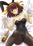  alcohol animal_ears bed black_legwear blush bottle brown_eyes brown_hair bunny_ears bunnysuit drunk hairband lying orange_hairband pantyhose ranpu short_hair solo spread_legs suzumiya_haruhi suzumiya_haruhi_no_yuuutsu wine 