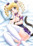  animal_ears bare_shoulders bed blonde_hair blue_eyes blush breasts drill_hair koihime_musou lying medium_breasts panties pillow shirt_pull solo sousou tail thighhighs twintails underwear wrist_cuffs yasu_rintarou 