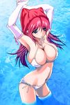  arms_up bad_id bad_pixiv_id bikini blue_eyes breasts elbow_gloves gloves kousaka_tamaki large_breasts long_hair mouth_hold red_hair ron_(metropolis) solo swimsuit thighhighs to_heart_2 twintails wading water 