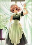  absurdres apron blush brown_eyes brown_hair curtains flower highres kanekiyo_miwa maid nogisaka_motoka short_hair solo wrist_cuffs yosuga_no_sora 