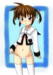  ashida_ichirou bad_id bad_pixiv_id black_eyes blush brown_hair cameltoe lowleg lowleg_panties lyrical_nanoha mahou_shoujo_lyrical_nanoha navel no_pants panties school_uniform see-through seishou_elementary_school_uniform short_hair short_twintails solo takamachi_nanoha thighhighs twintails underwear white_panties 