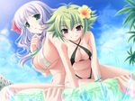  ahoge antenna_hair bikini breasts day flower game_cg gouen_no_soleil green_eyes green_hair grin hair_flower hair_ornament hibiscus inuu_ruru large_breasts multiple_girls nekonuma_nene purple_hair red_eyes saeki_hokuto smile swimsuit 