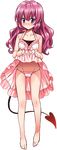  barefoot blush demon_tail dress flat_chest full_body legs long_hair lowleg lowleg_panties lowres midriff nana_asta_deviluke panties pantyshot pink_hair pink_panties purple_eyes ribbon skirt skirt_lift standing tail to_love-ru transparent_background underwear 