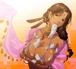  bikini bindi bracelet breast_hold breasts brown_hair cleavage covered_nipples dancer dancer_(ragnarok_online) dark_skin feathers gem huge_breasts jewelry money money_hold mouth_hold mr.romance necklace ragnarok_online revealing_clothes shawl shiny shiny_skin solo sweat swimsuit 