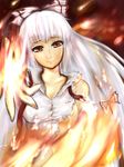  bangs breasts fire fujiwara_no_mokou highres inutokage large_breasts long_hair ribbon silver_hair solo tears torn_clothes touhou underboob 