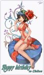  barefoot black_hair cherry feet flower food fruit gift lace legs lips naked_ribbon original ribbon short_hair solo tob 