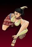  breasts brown_eyes cleavage contortion detached_sleeves earrings flexible hair_bun hybrid_cat jewelry large_breasts lipstick makeup sandals short_hair skirt tekken zafina_(tekken) 