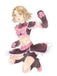  androgynous bad_id bad_pixiv_id bike_shorts black_footwear blonde_hair boots bow cosplay cure_black cure_black_(cosplay) earrings futari_wa_precure heart im_(inuboe) jewelry kurogane_no_linebarrel look-alike magical_girl male_focus midriff otoko_no_ko pink_bow precure shorts shorts_under_skirt solo white_background yamashita_satoru yellow_eyes 