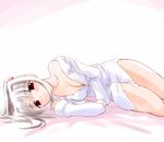  artist_request blush breasts cleavage copyright_request dress_shirt grey_hair long_hair lying medium_breasts ponytail red_eyes shirt solo 
